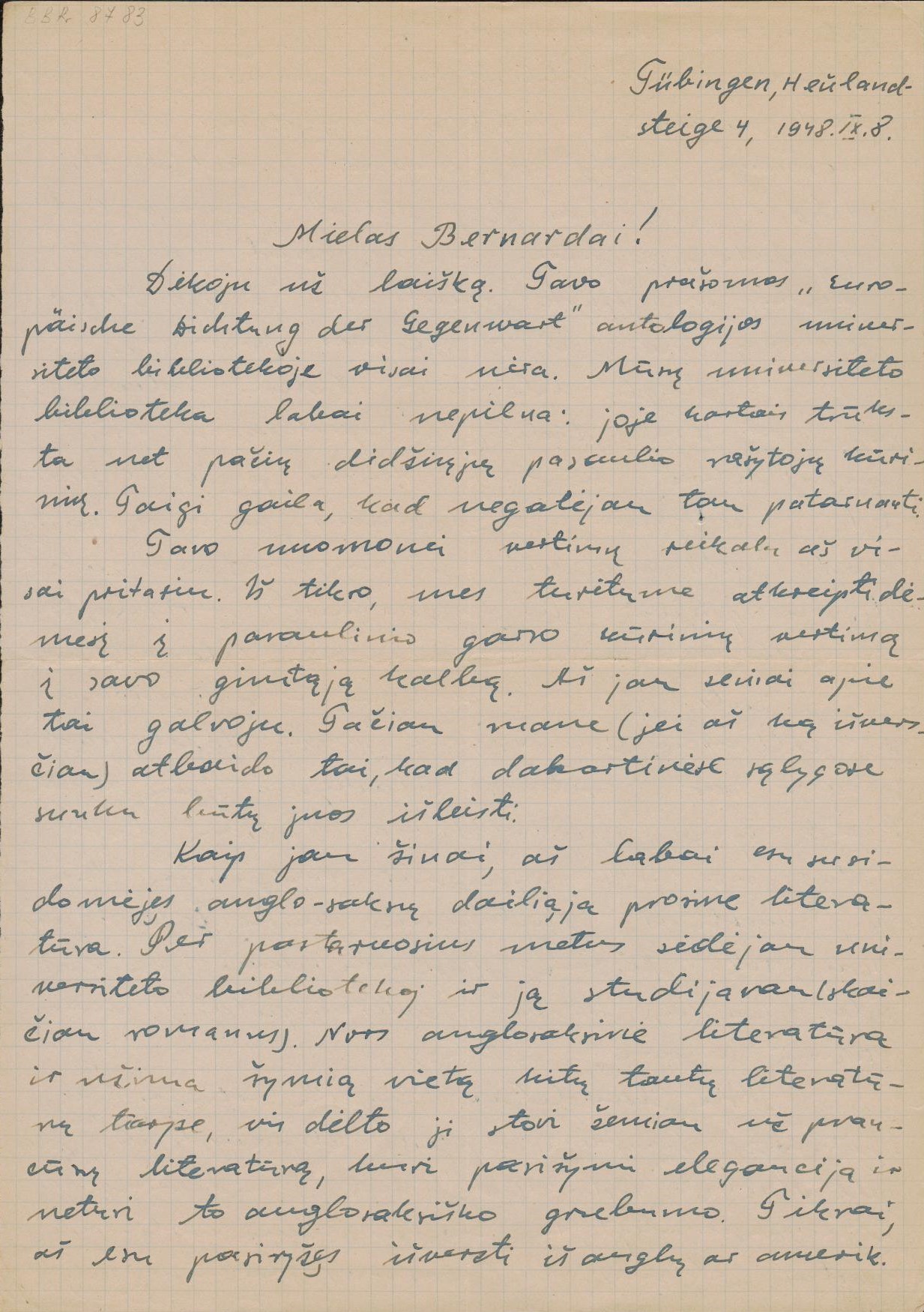 J. Tininio laiškas B. Brazdžioniui. Tiubingenas. 1948.IX.8. BBR 8783