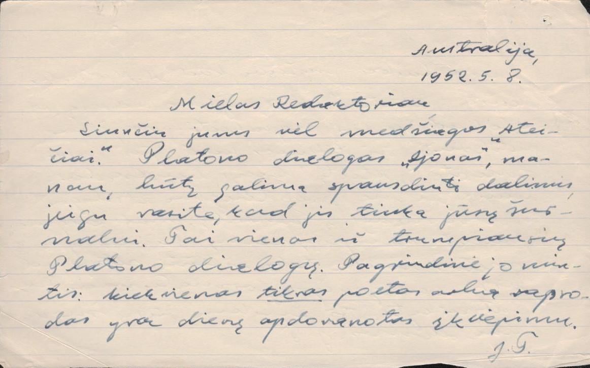 J. Tininio laiškas A. Vaičiulaičiui. Australija. 1952.5.8. GEK73941 / ER2 33197