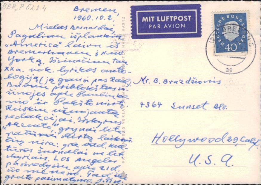 J. Tininio laiškas B. Brazdžioniui. Bremenas. 1960.10.02. BBR P6224