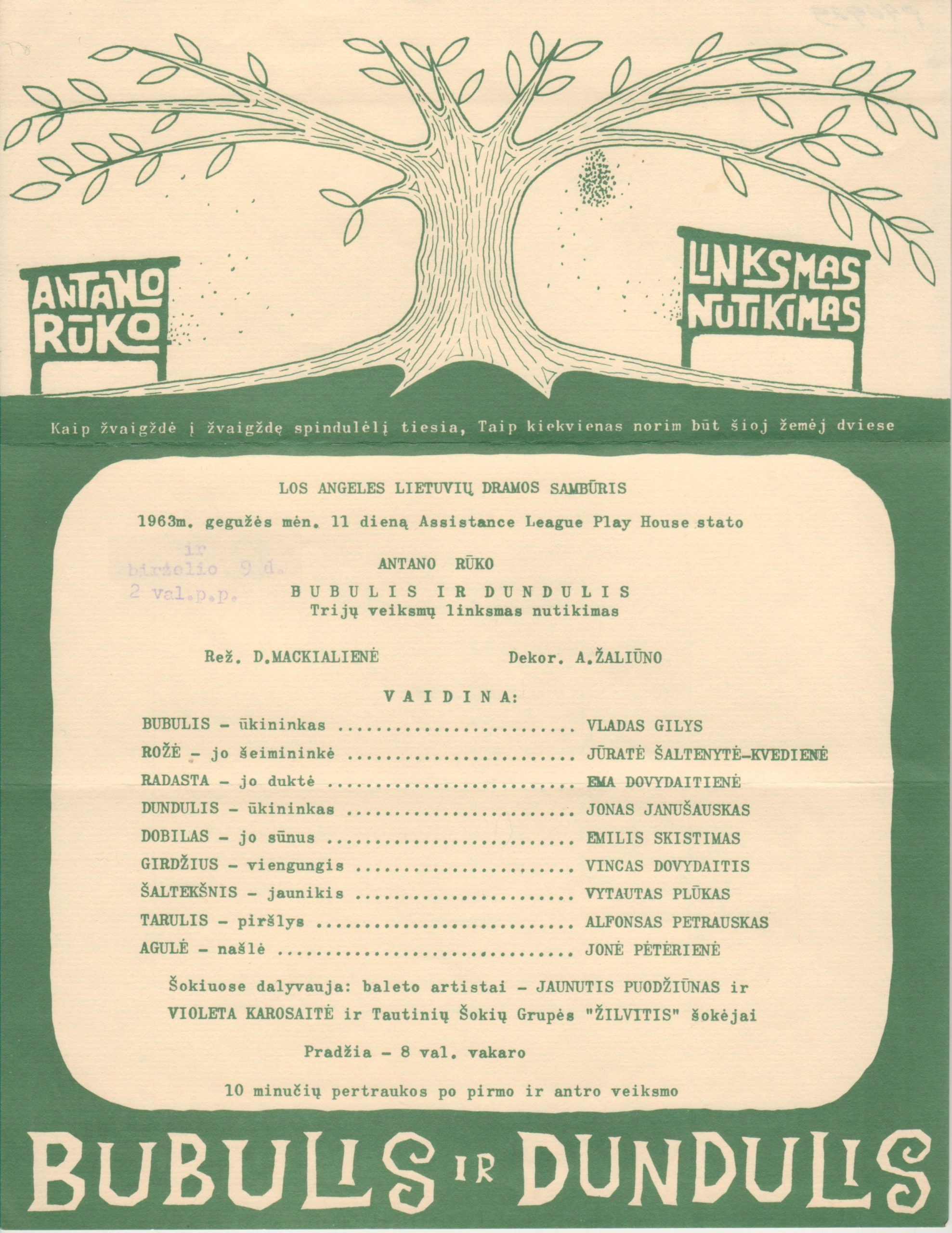 Antano Rūko pjesės „Bubulis ir Dundulis“ programa. Los Andželo lietuvių dramos sambūris. 1963 m. gegužės mėn.