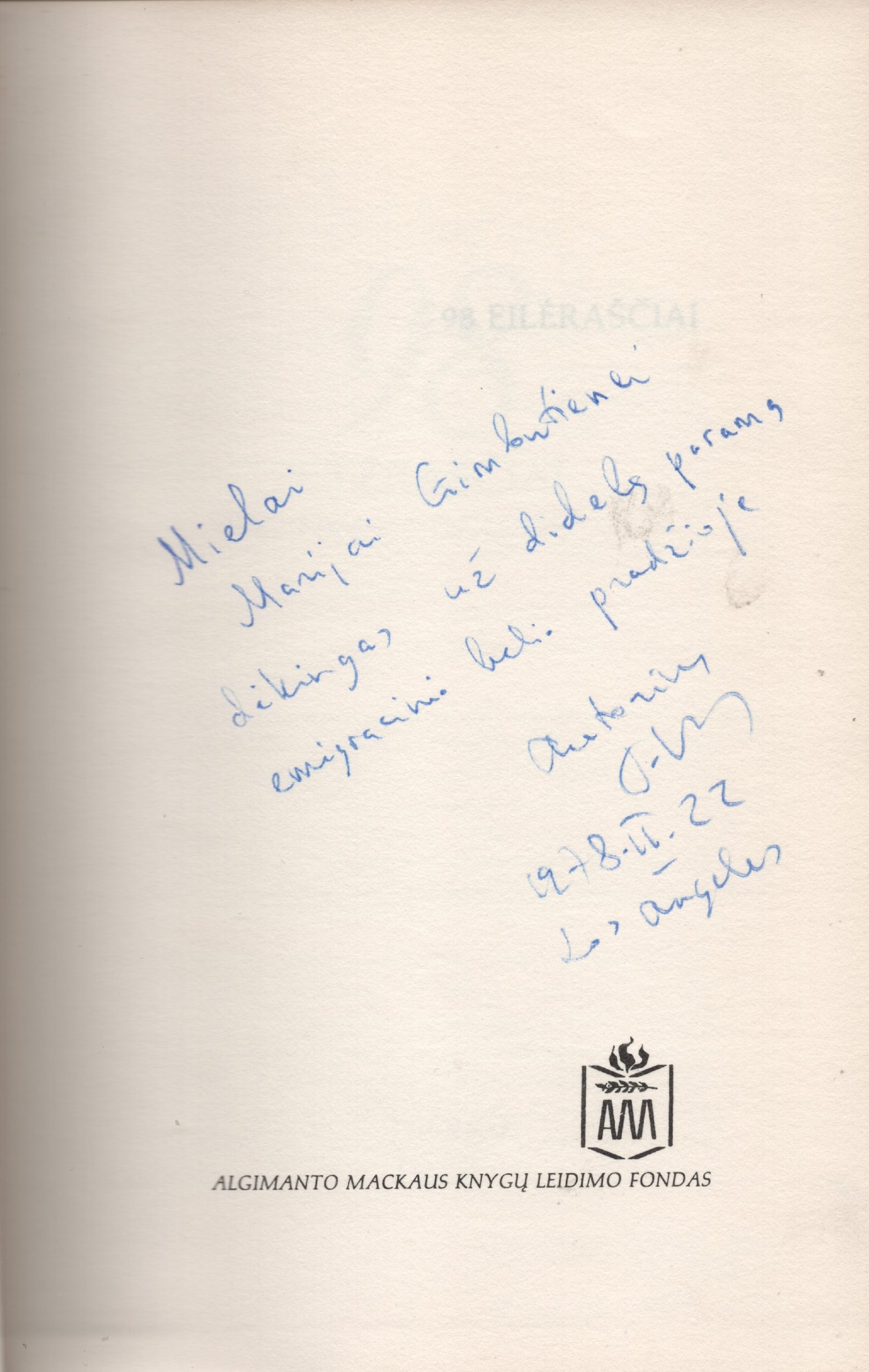 T. Venclova „98 eilėraščiai“. Titulinis lapas su dedikacija M. Gimbutienei. Los Andželas, 1978 m. MLLM 127600 2