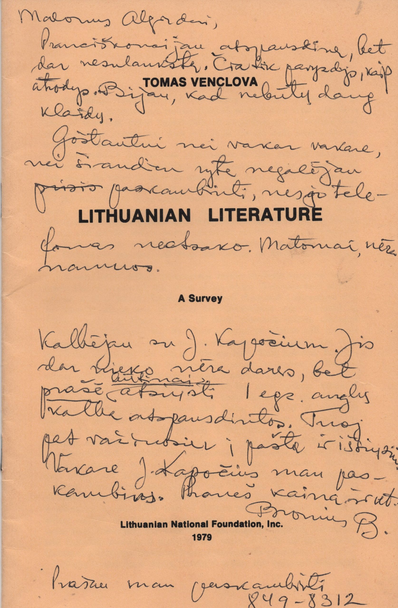 T. Venclovos spaudinys su taisymais „Lithuanian Literature. A Survey“, priklausęs A. Landsbergiui. Ant viršelio Broniaus B. laiškas. MLLM 102388 1