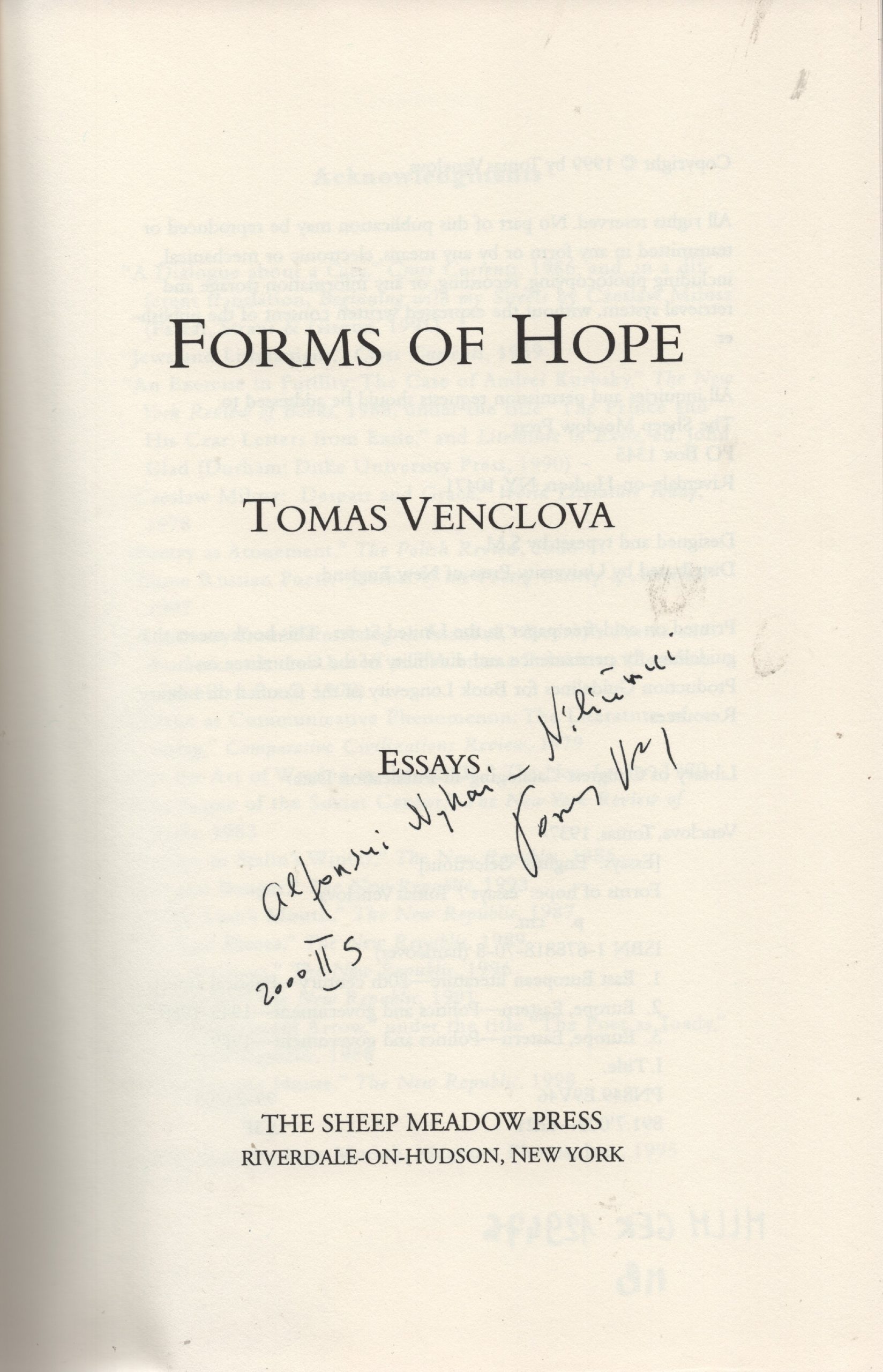 T. Venclovos „Forms of Hope“ titulinis lapas su dedikacija A. Nykai-Niliūnui. JAV, 2000 m. vasario 5 d. MLLM 129476 2
