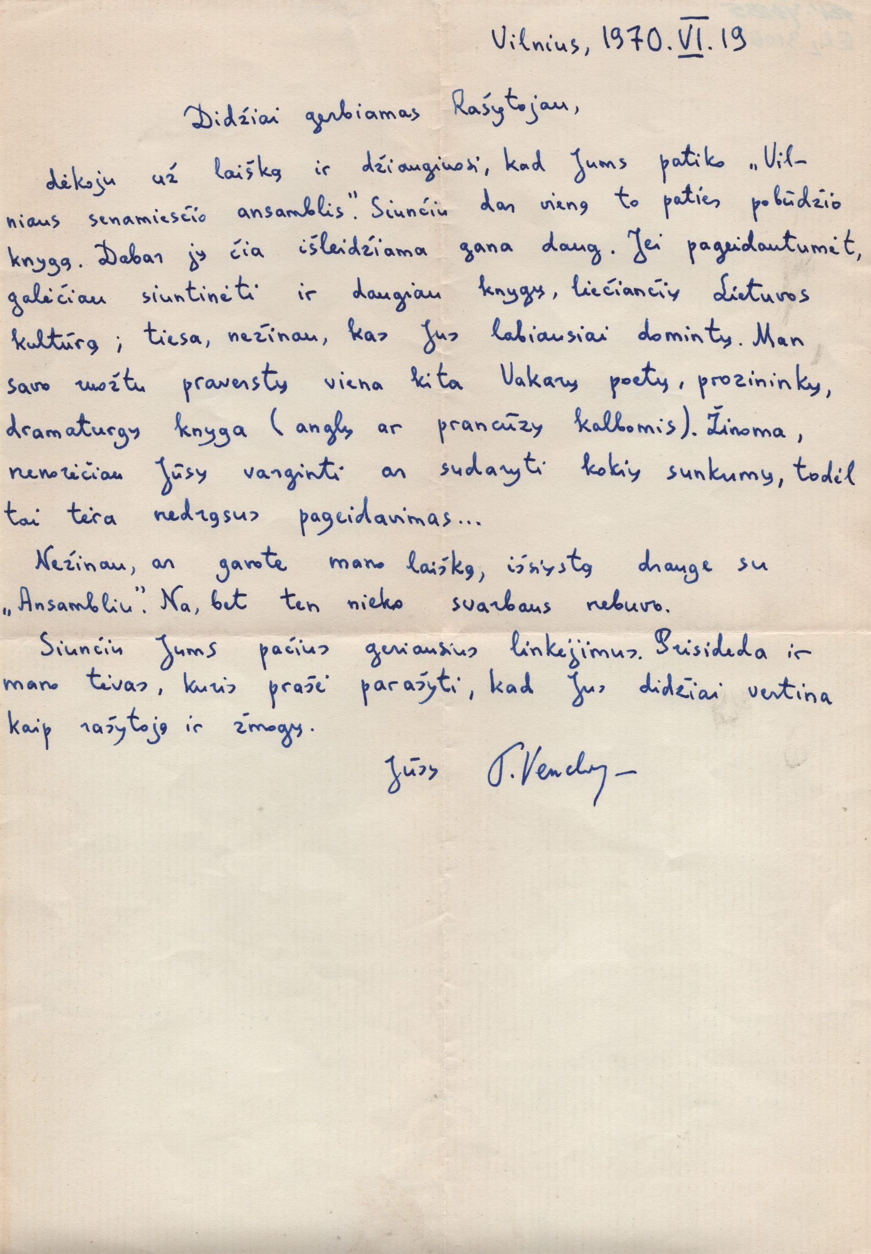 T. Venclovos ranka rašytas laiškas A. Vaičiulaičiui. Vilnius, 1970 m. birželio 19 d. MLLM 73185