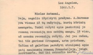 J. Tininio laiškas A. Vaičiulaičiui. Los Angeles. 1962.5.7.