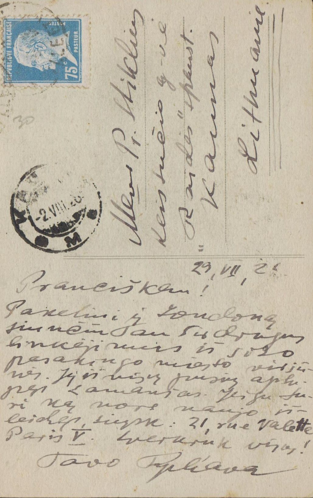 J. Tysliavos laiškas P. Stikliui. Paryžius. 1929 m. MLLM 44376