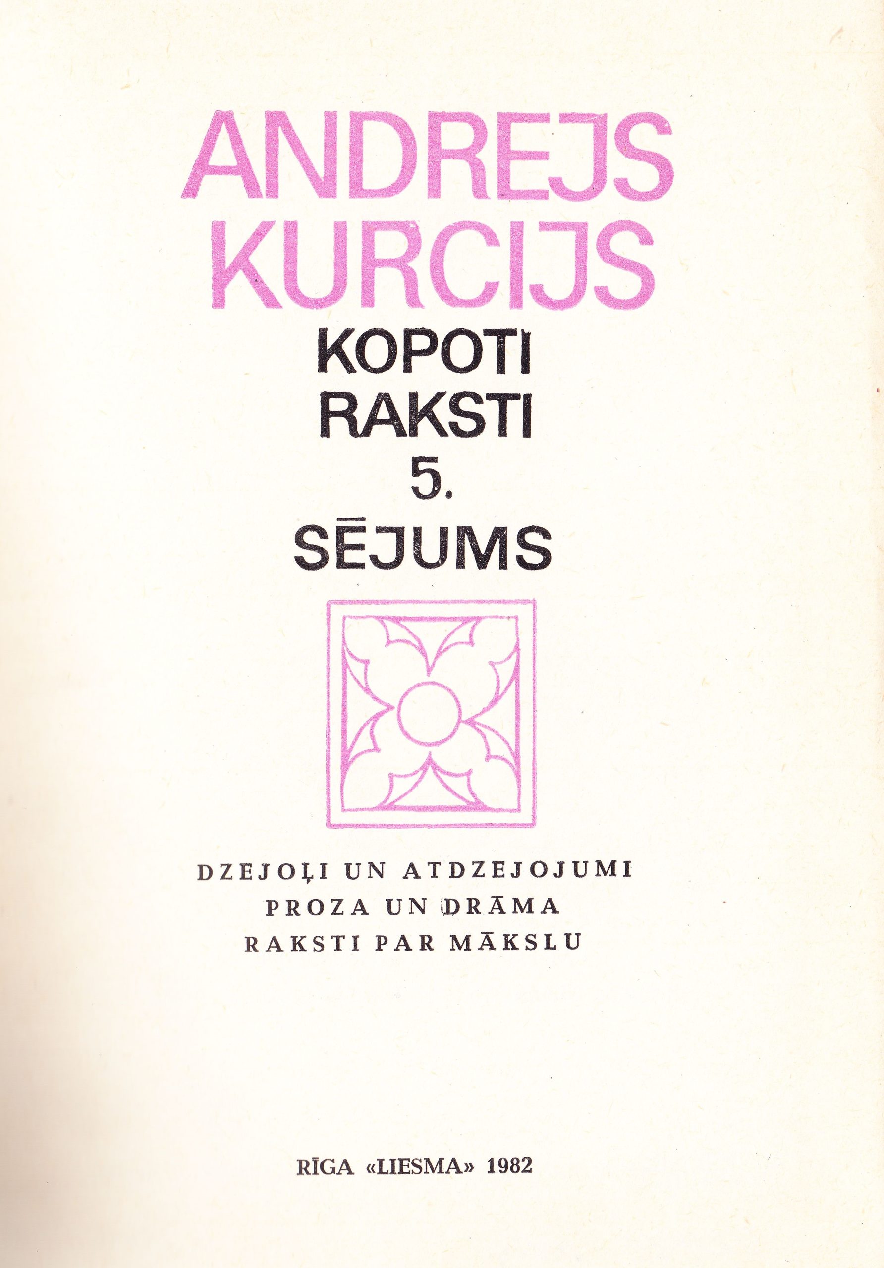 Andrejs Kurcijs. Raštai. V tomas. Ryga. 1982 m. Šioje knygos skelbti J. Tysliavos eilėraščiais latvių kalba. MLLM 52473
