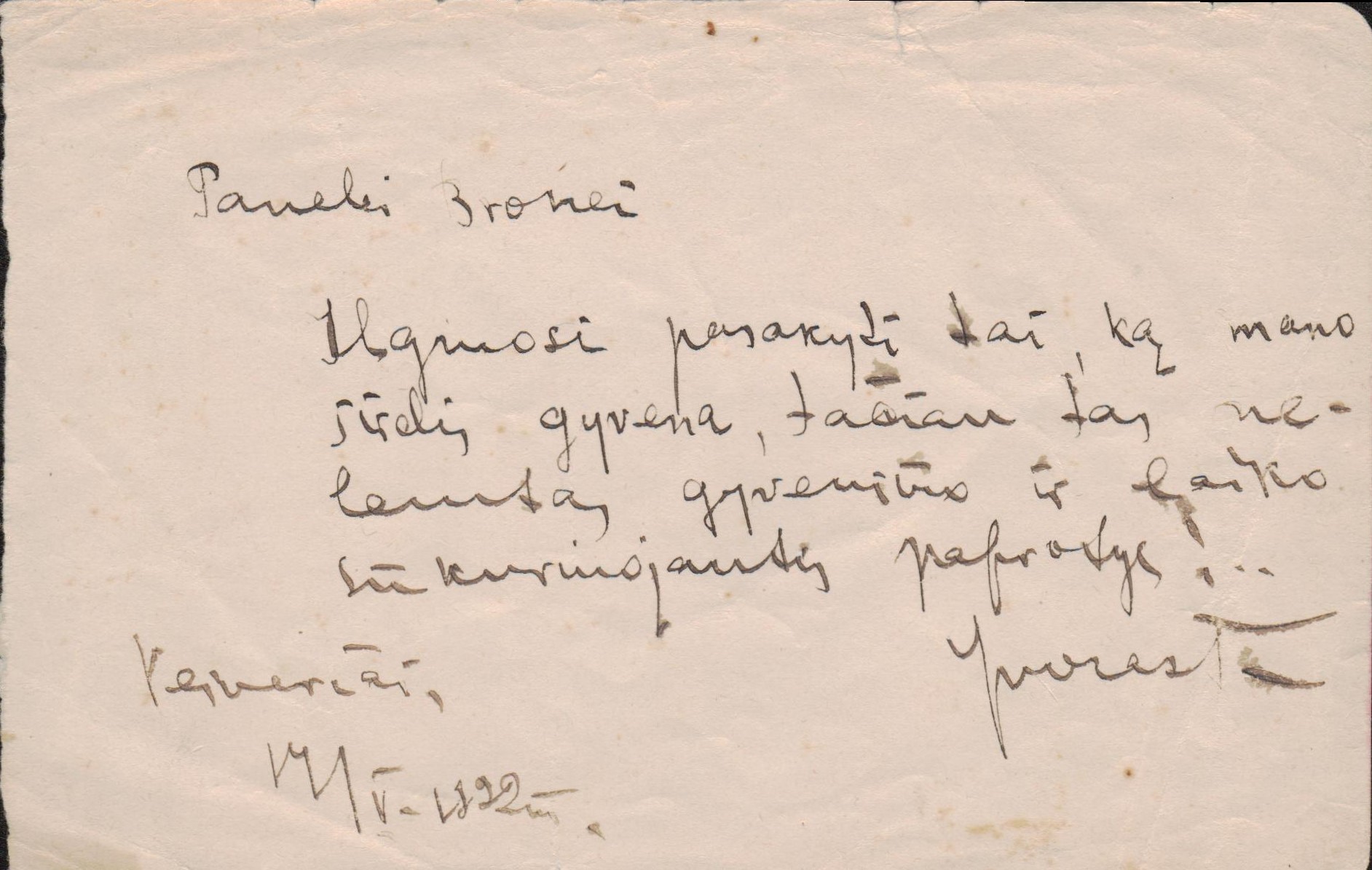 J. Tysliavos laiškas panelei Bronei. Veiveriai. 1922.V.14. MLLM 21656