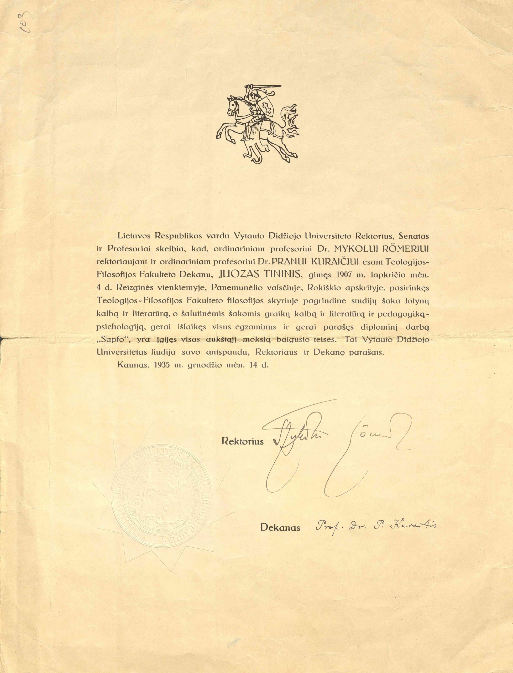 VDU diplomas, išduotas Juozui Tininiui. 1935 m. gruodžio 14 d.