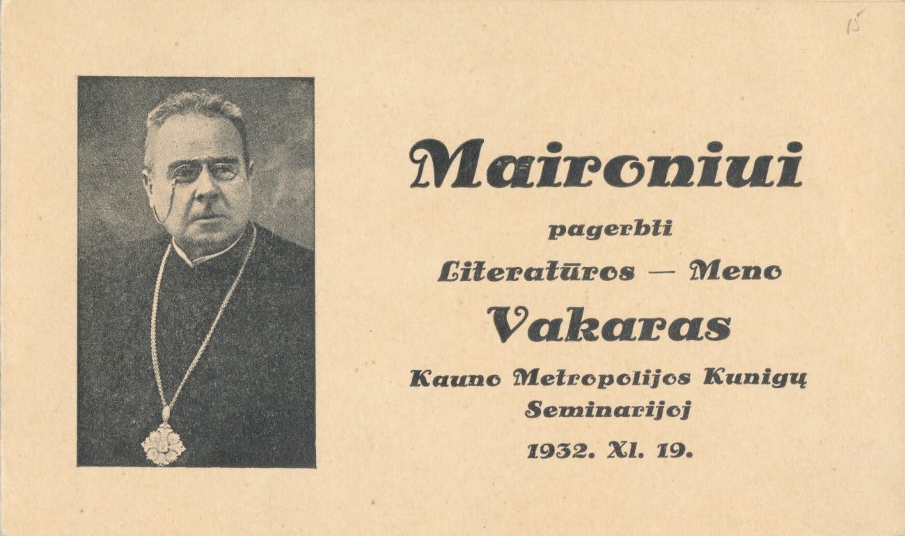 Kvietimas Vaižgantui į literatūros-meno vakarą Maironiui pagerbti. 1932 m. MLLM 11972