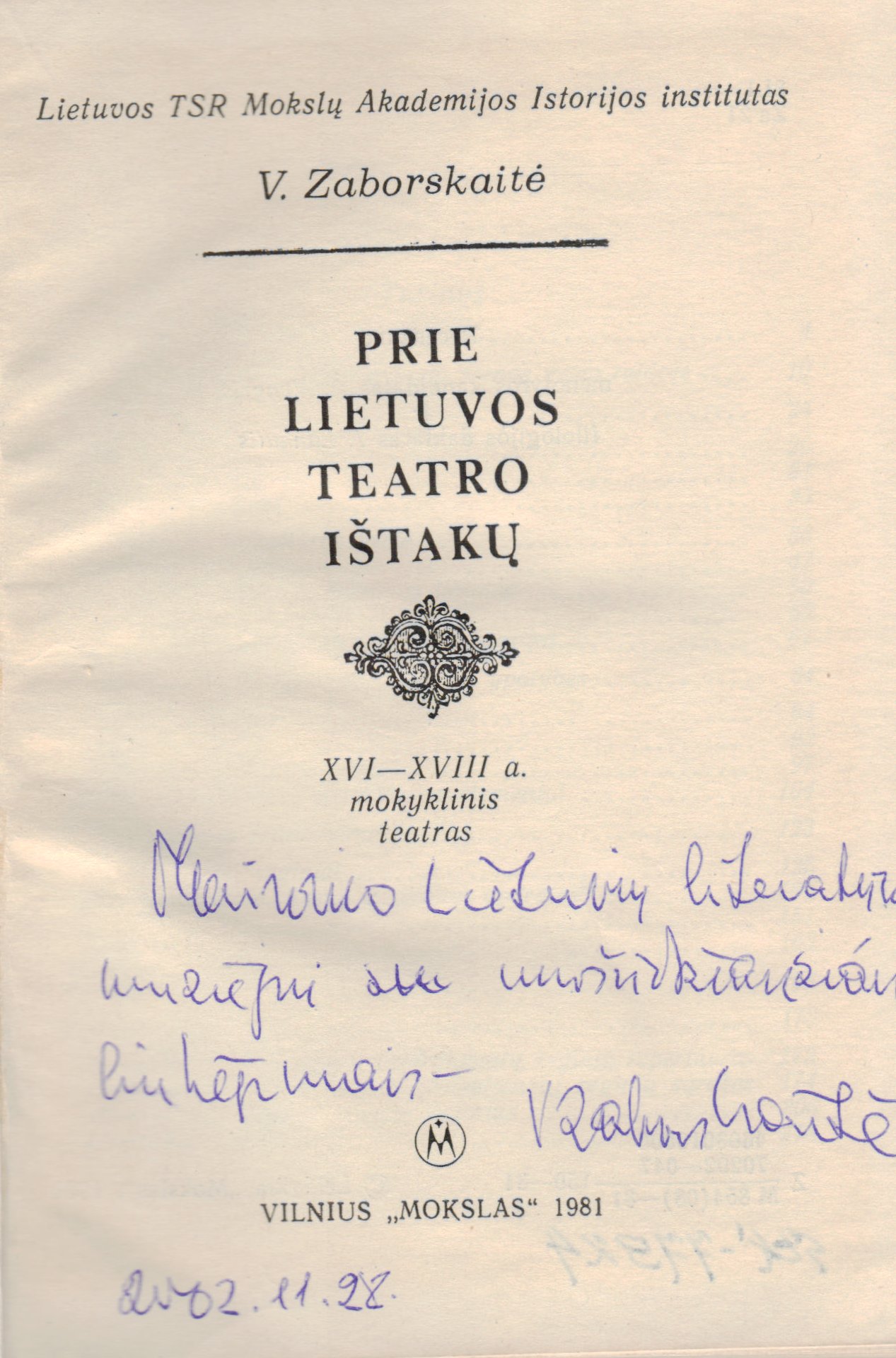 V. Zaborskaitė. Prie Lietuvos teatro ištakų. V. 1981. MLLM 77924