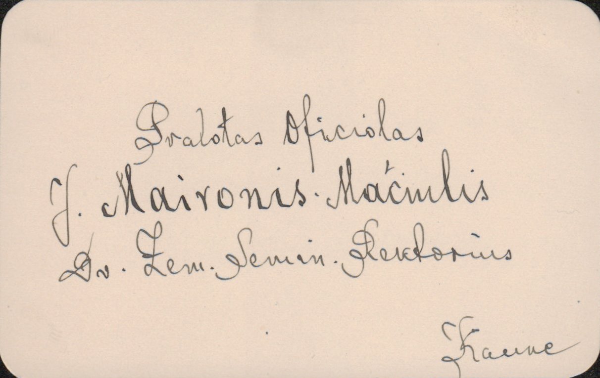 Maironio vizitinė kortelė. V. Stonytės dovana muziejui. MLLM 111702