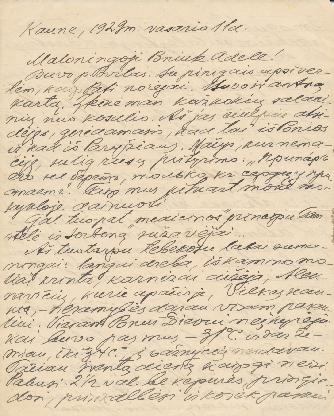 Vaižganto laiškas operos solistei Adelei Galaunienei. 1929 m. MLLM 7438/1