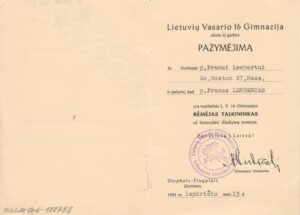 Lietuvių Vasario 16 Gimnazijos garbės pažymėjimas, išduotas P. Lembertui. 1952 m.