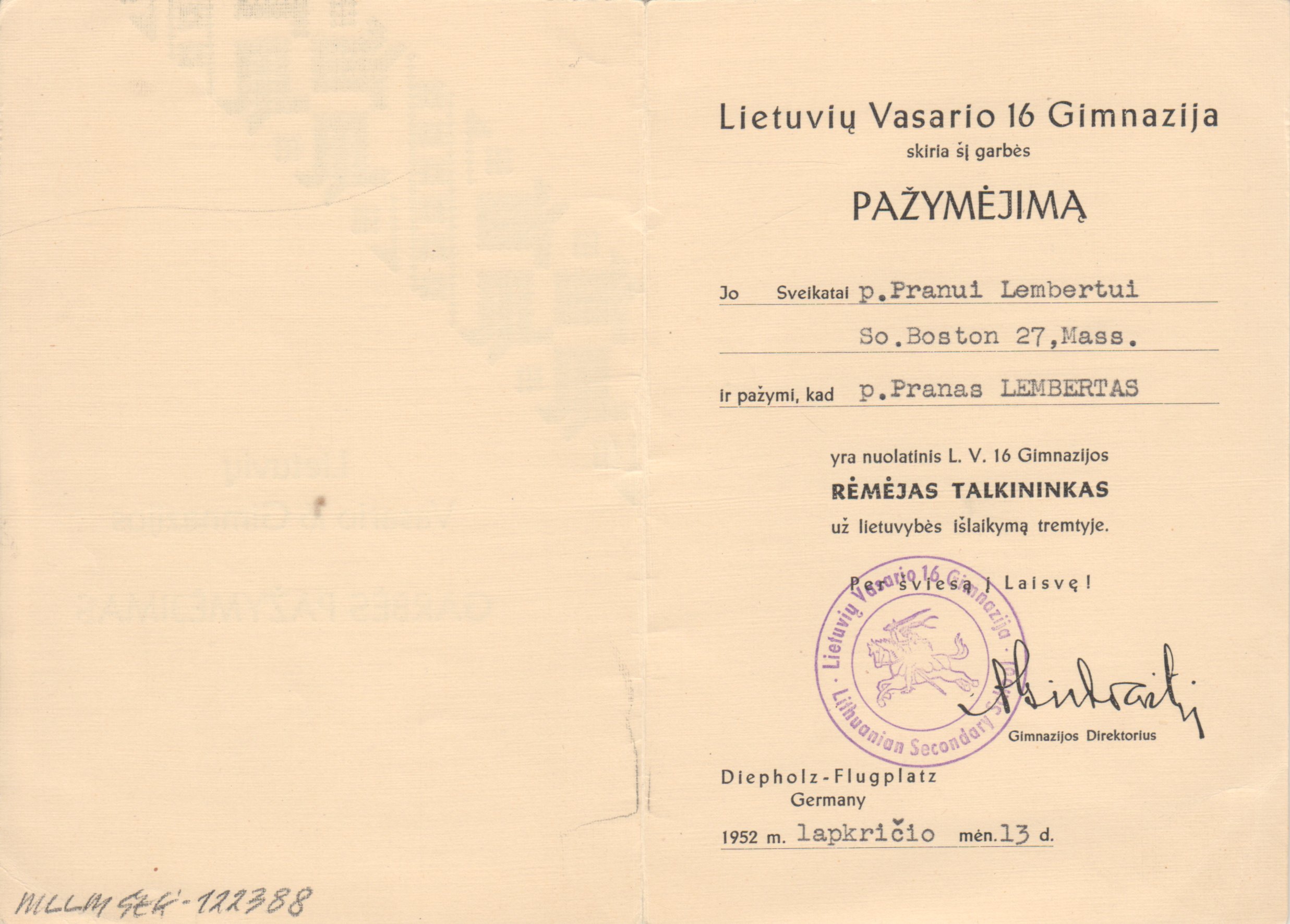 Lietuvių Vasario 16 Gimnazijos garbės pažymėjimas, išduotas P. Lembertui. 1952 m.