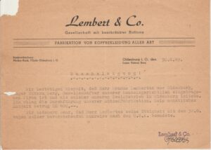 Liudijimas vokiečių k., kad P. Lembertas dirbo kepurių gamykloje. 1949 m.