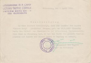 Liudijimas vokiečių k., kad P. Lembertas yra kultūros – švietimo fondo Oldenburge atstovas. 1949 m.