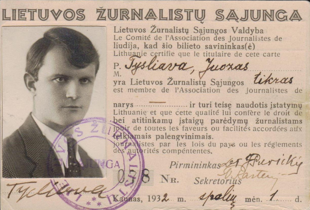 Lietuvos žurnalistų sąjungos bilietas. Kaunas. 1932.10.01
