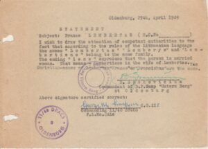 P. Lemberto ir M. Lembertienės pavardžių variantų patvirtinimas anglų k. 1949 m.