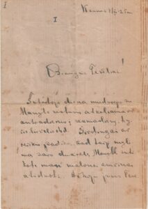P. Lemberto laiškas būsimos žmonos Monikos tėvams Penkevičiams. 1925 m.