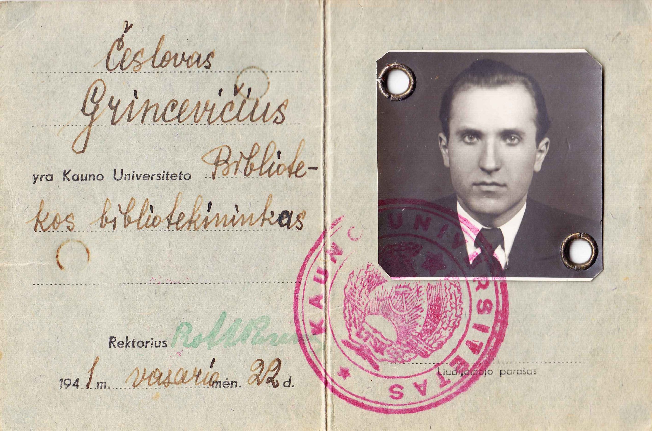 Kauno tarnautojo Č. Grincevičiaus asmens liudijimas Nr. 114, išduotas 1941 m. vasario 22 d. MLLM 42662 F173