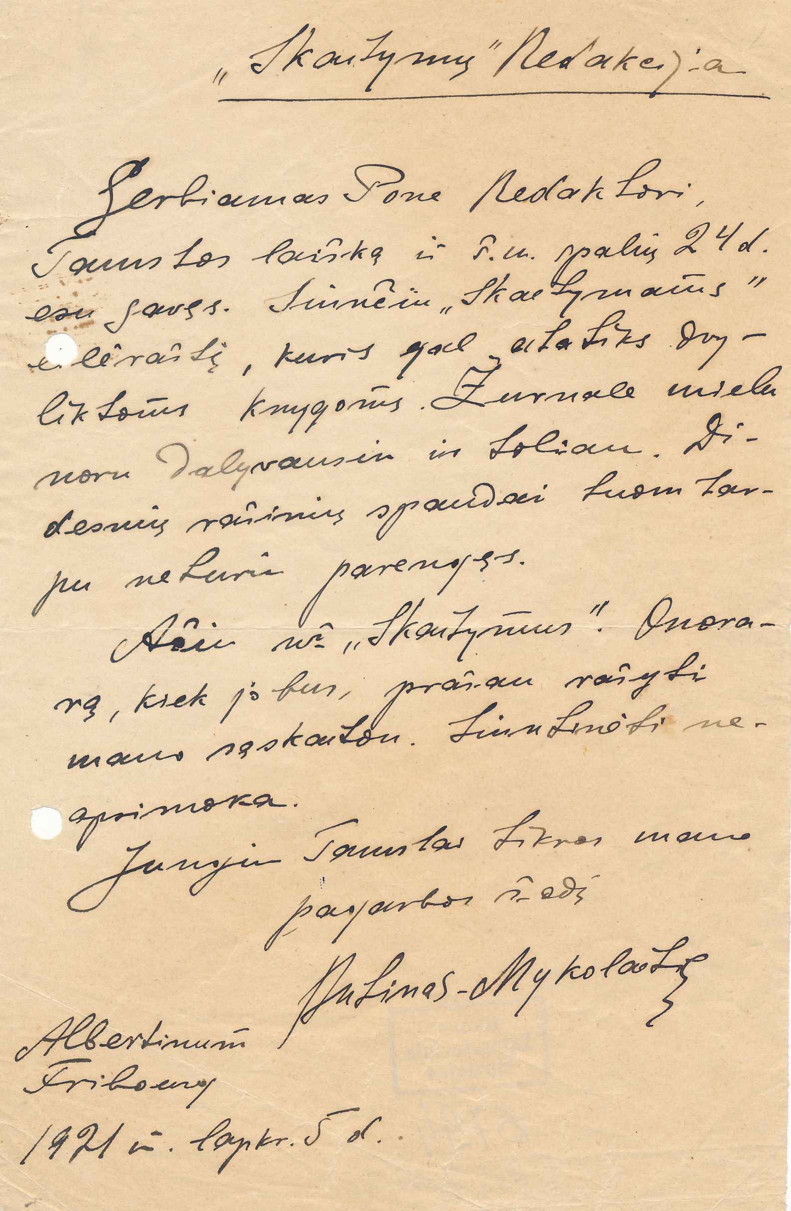V. Mykolaičio laiškas V. Krėvei – „ Skaitymų “ redaktoriui. Fribūras, 1921 m. MLLM 6794