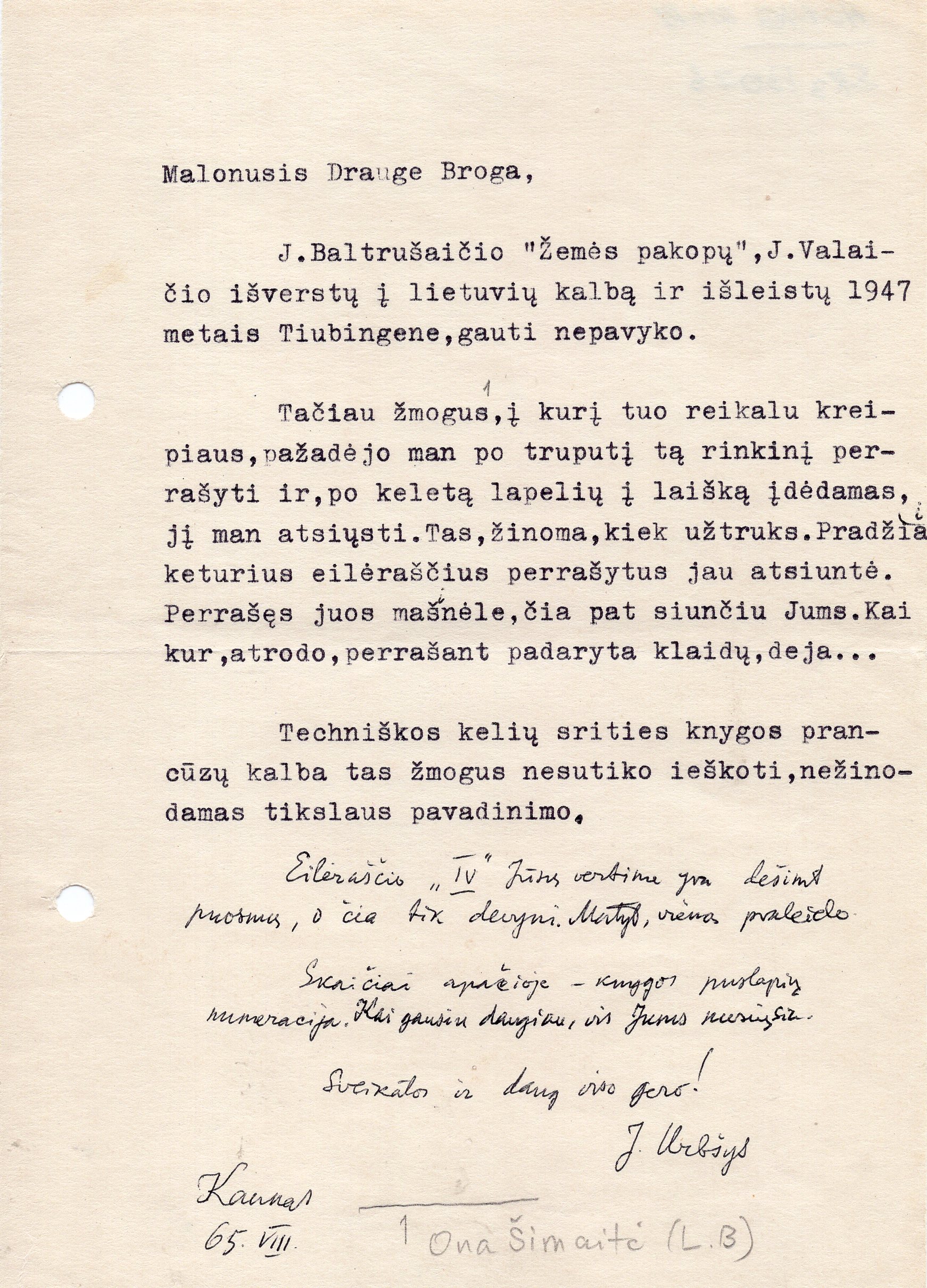 Juozo Urbšio laiškas vertėjui L. Brogai. Kaunas. 1965-08. MLLM 40146