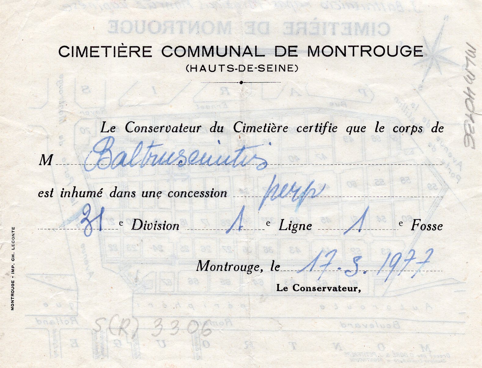 Planas su nurodyta J. Baltrušaičio kapo vieta „Monrūžo“ kapinėse Paryžiuje. MLLM 40136