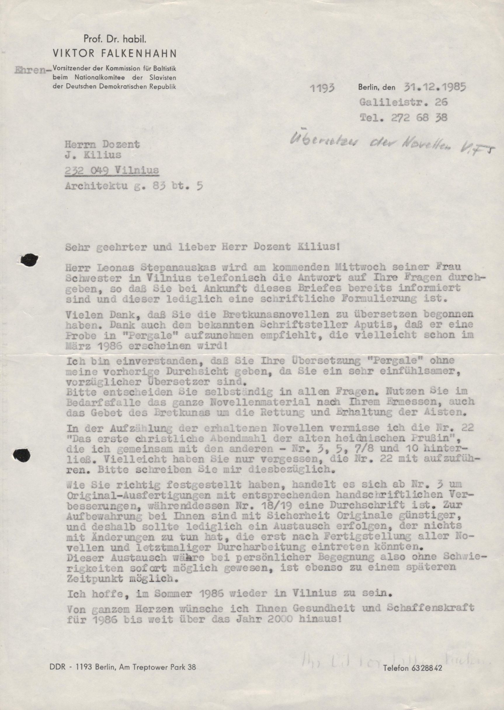 V. Falkenhano laiškas vokiečių k. J. Kiliui. Berlynas, 1985.12.31. MLLM P26400