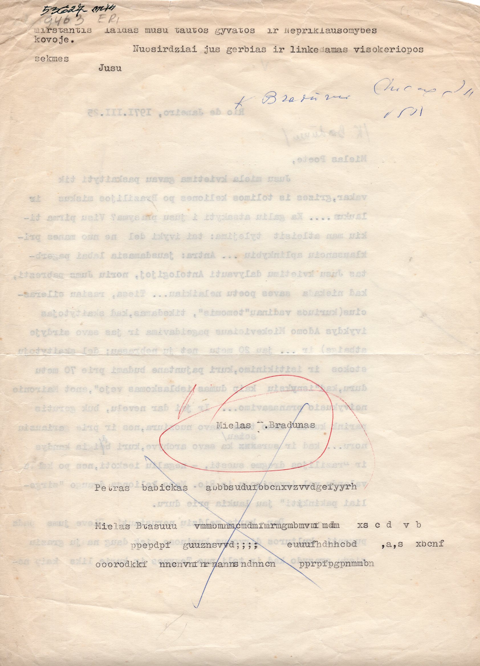P. Babicko laiškas K. Bradūnui. Rio de Žaneiras, 1971 m. kovo 25 d. MLLM 53627