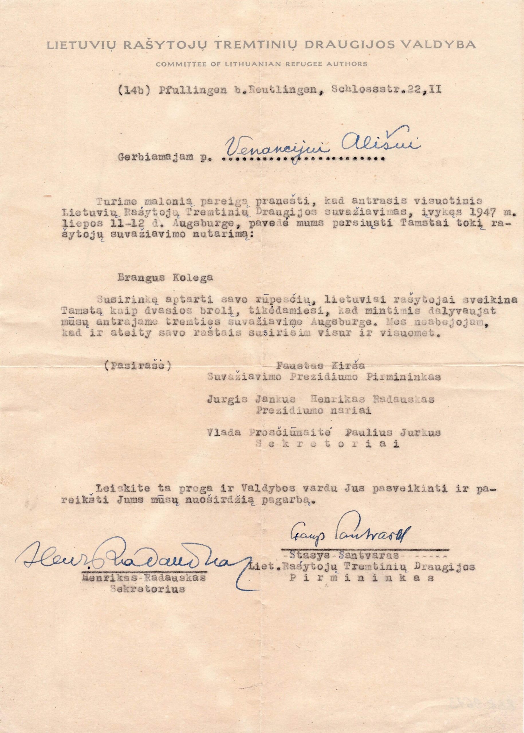 S. Santvaro ir H. Radausko laiškas V. Ališui. Vokietija, 1947 m. BBR 9673