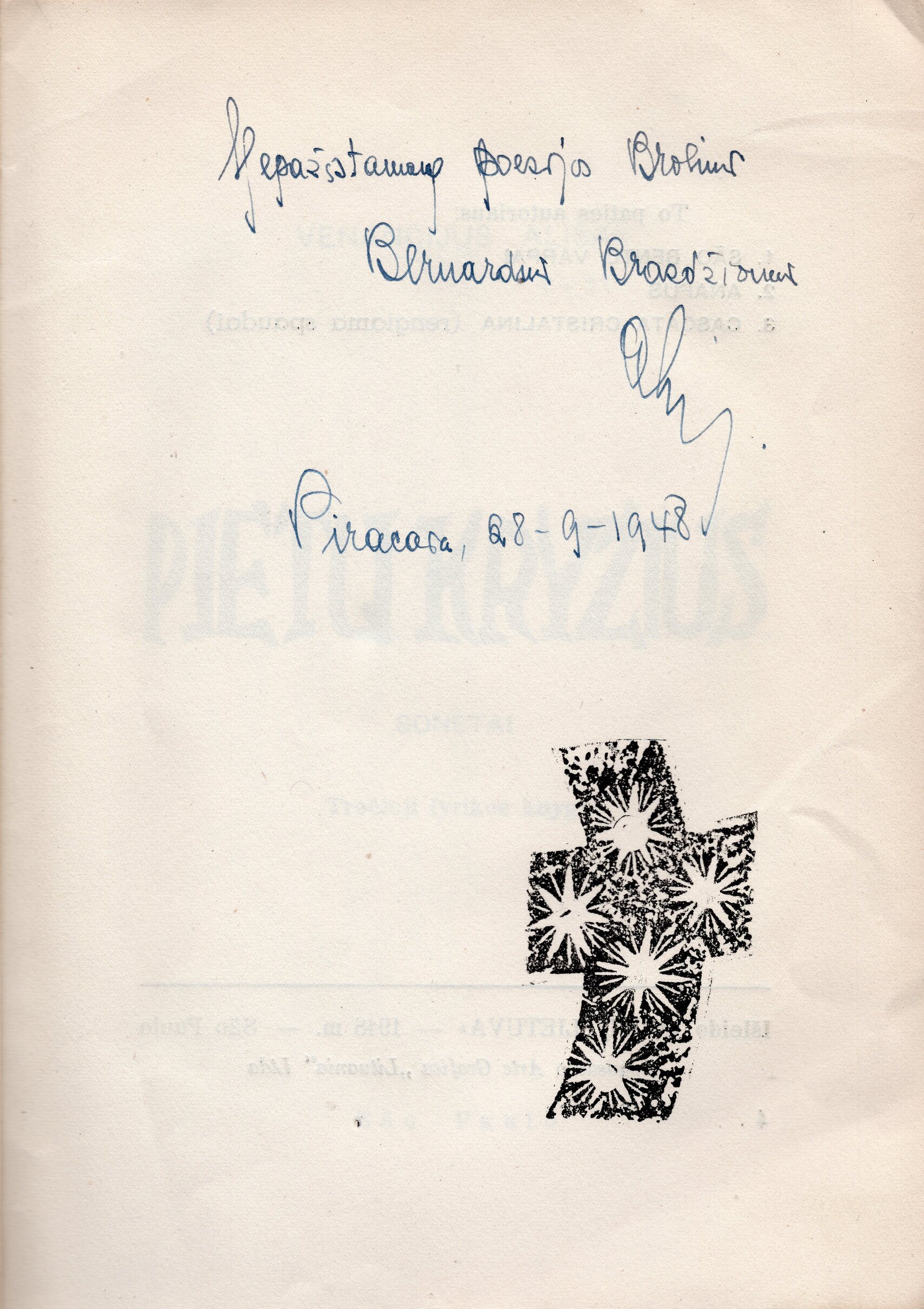 V. Ališo dedikacija B. Brazdžioniui knygoje „Pietų kryžius“. San Paulas, 1948 m. BBR 138