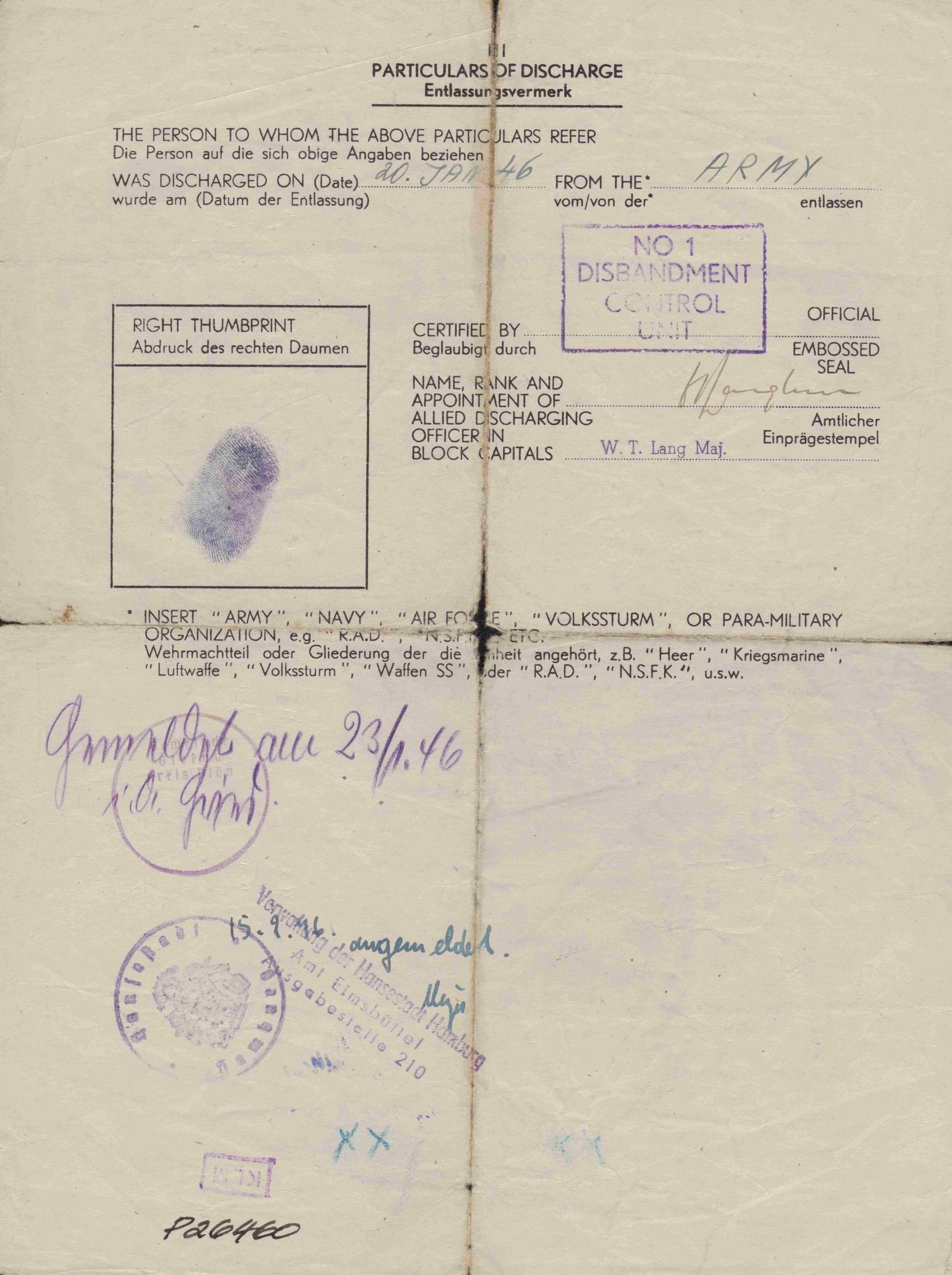 Dokumentas. Įspėjimas apie V. Falkenhano atleidimą iš tarnybos armijoje. 1946 m. sausio 20 d. MLLM P26460