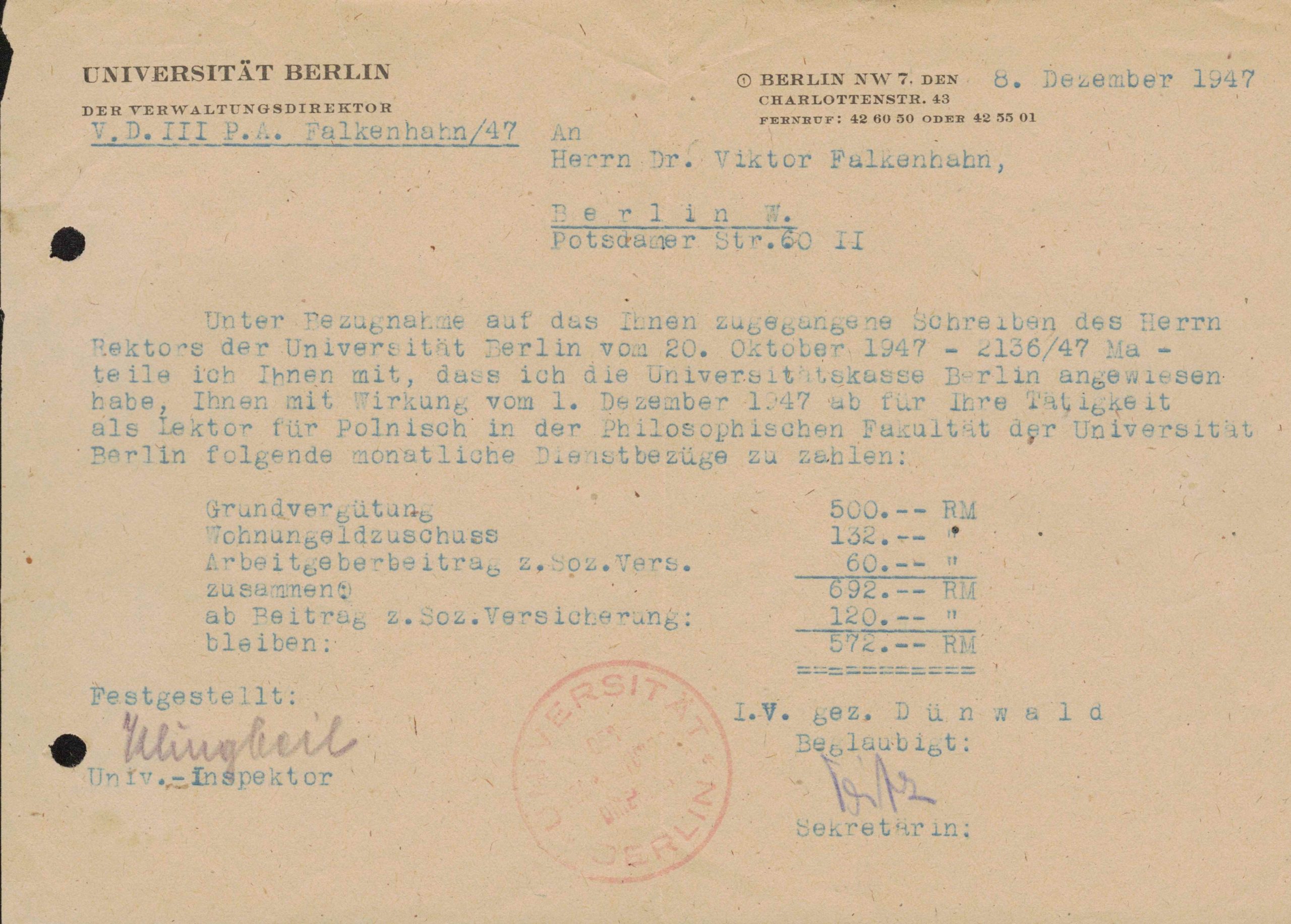 Pranešimas V. Falkenhanui apie atlyginimą už lenkų kalbos dėstymą Berlyno universitete. 1947 m. gruodžio 8 d. MLLM P26472