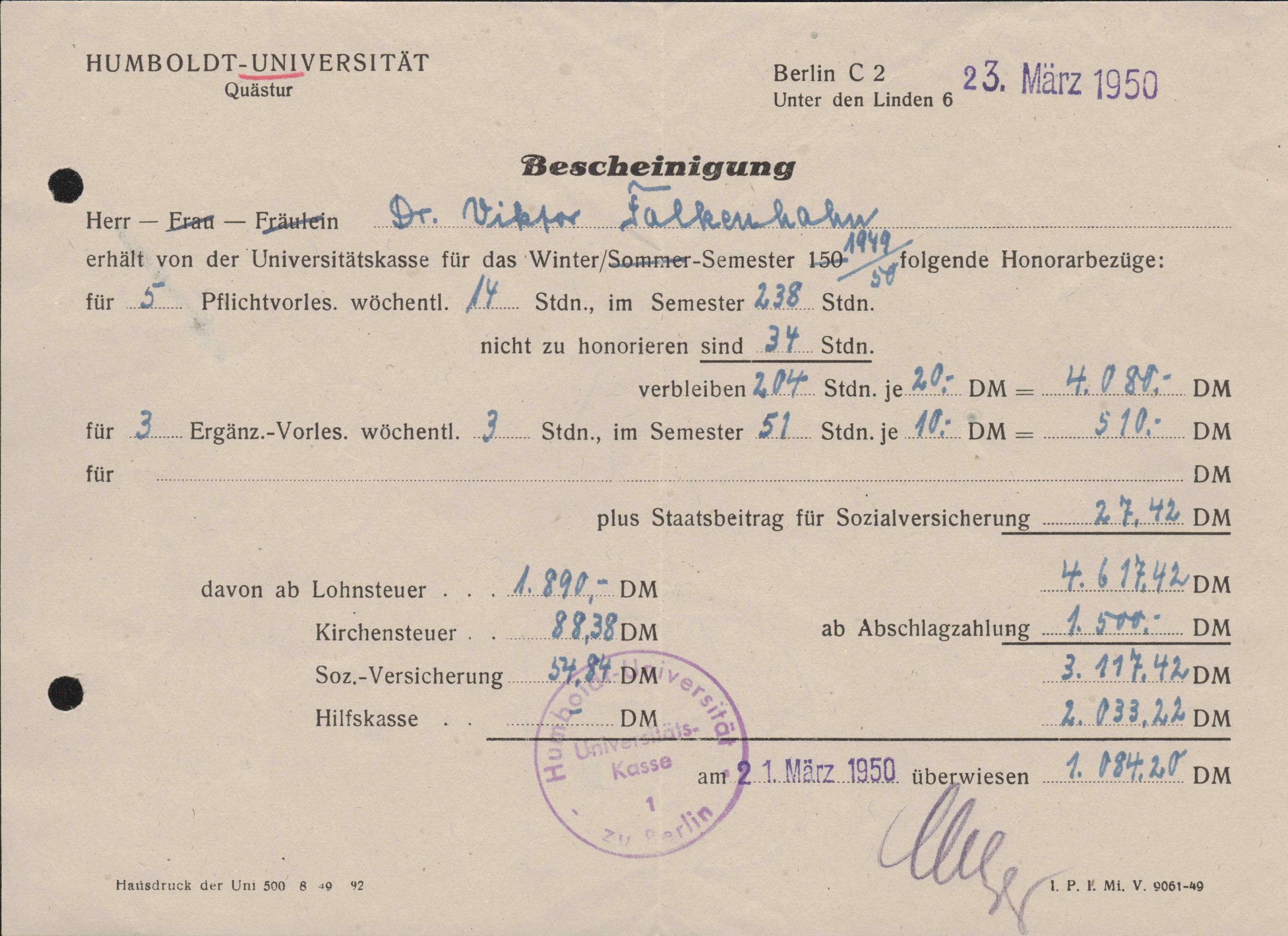 Pažyma apie V. Falkenhanui išmokėtą honorarą už paskaitas Humboldtų universitete. 1950 m. kovo 21 d. MLLM P26435