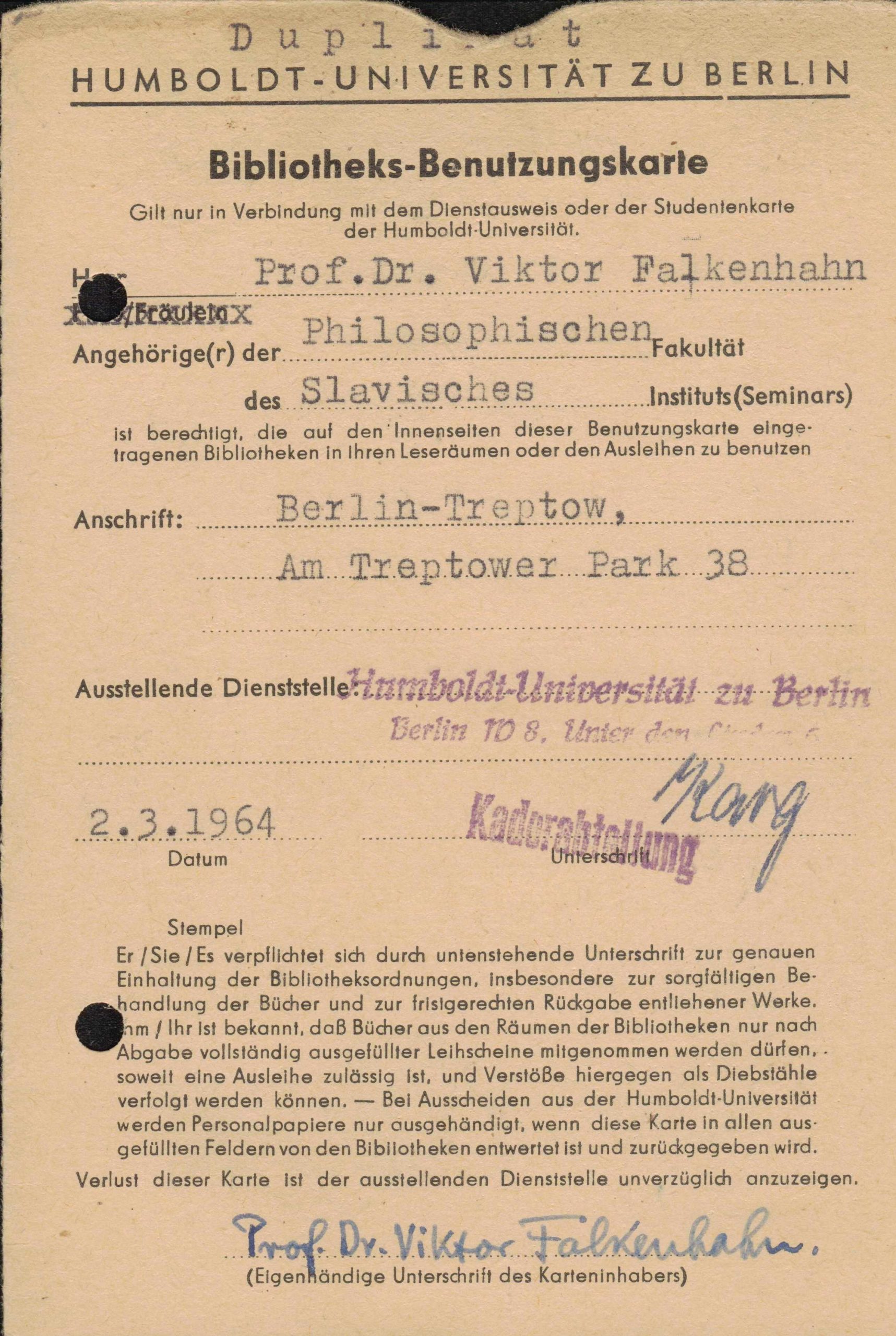 Humboldtų universiteto profesoriaus V. Falkenhano bibliotekos kortelė. Berlynas, 1964 m. kovo 2 d. MLLM P26698