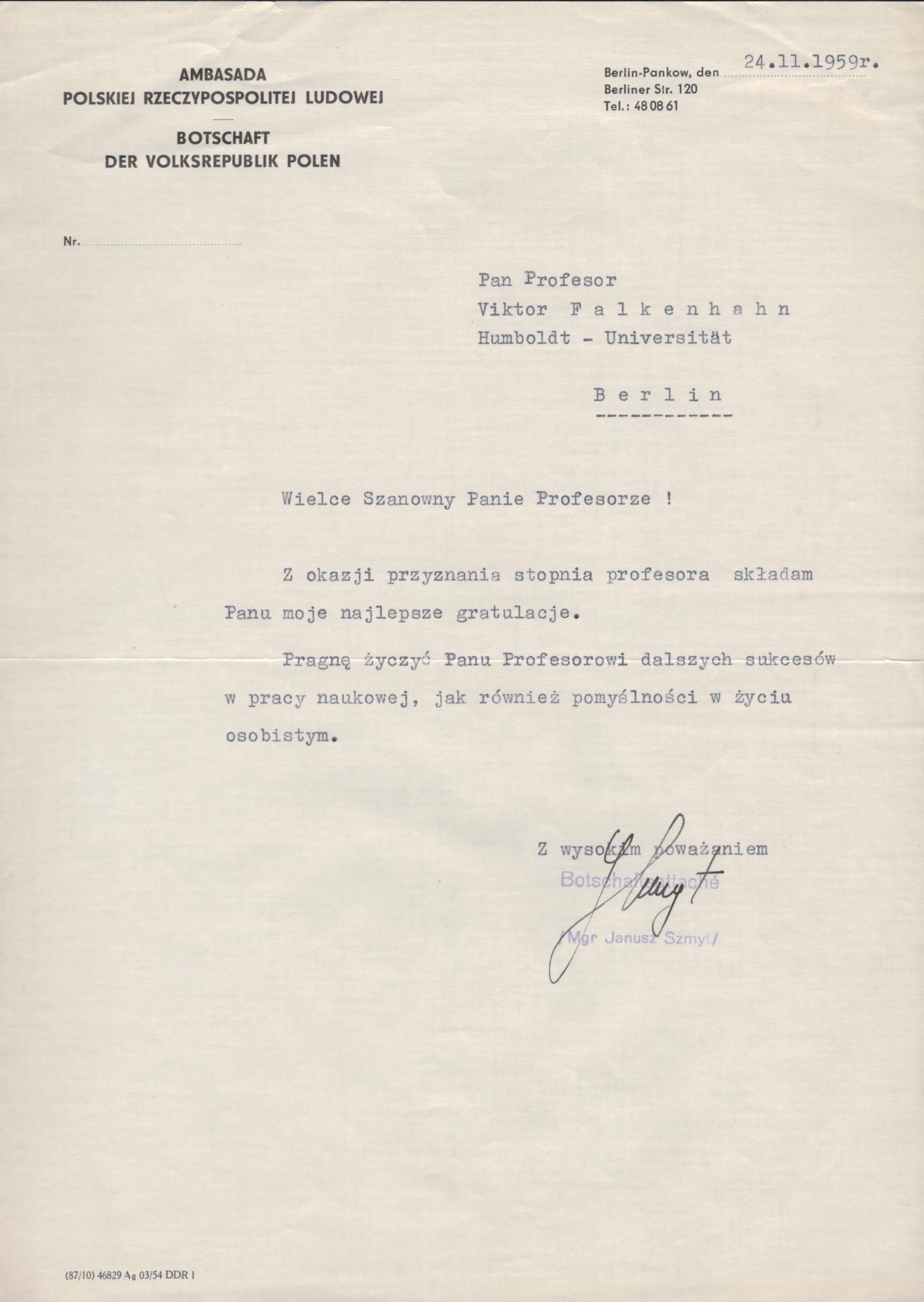 Lenkijos ambasados Vokietijoje sveikinimas V. Falkenhanui profesoriaus vardo suteikimo proga. Berlynas. 1959.11.24. MLLM P26468