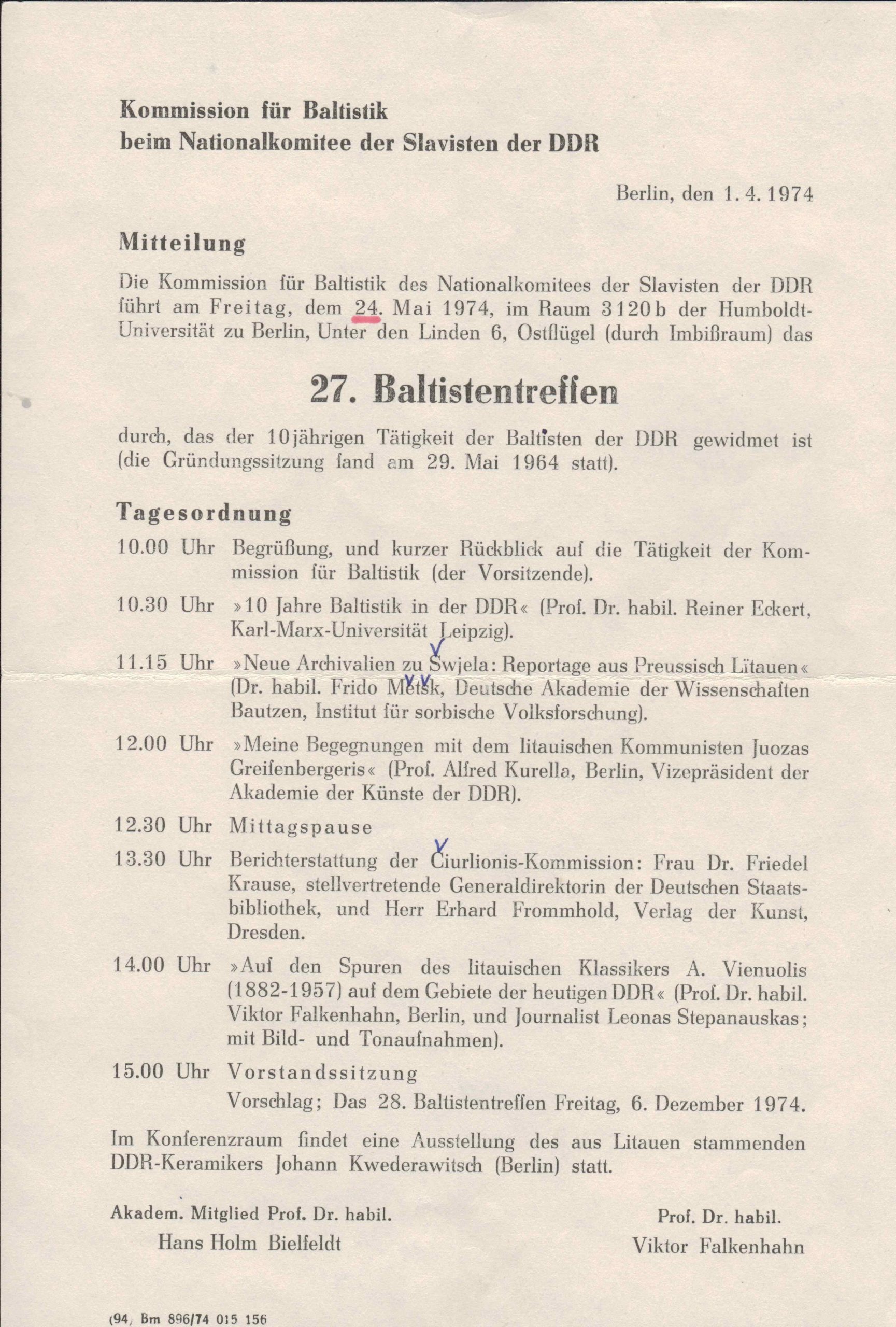 27-osios baltistų konferencijos programa. Berlynas. 1974 m. MLLM P3809