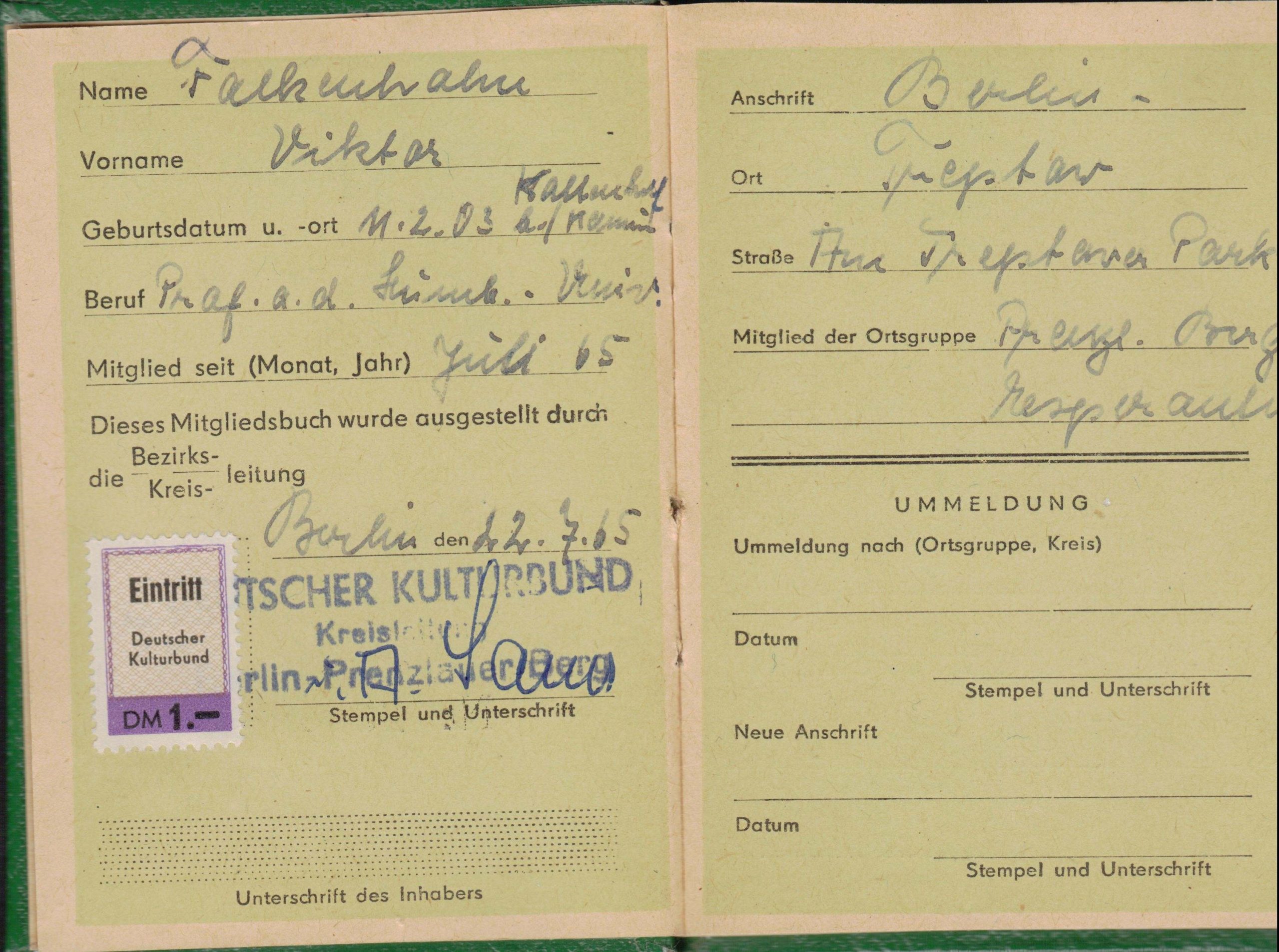 Vokietijos kultūros lygos nario pažymėjimas Nr. 230866, išduotas Berlyne 1965 m. liepos 22 d. MLLM P26698