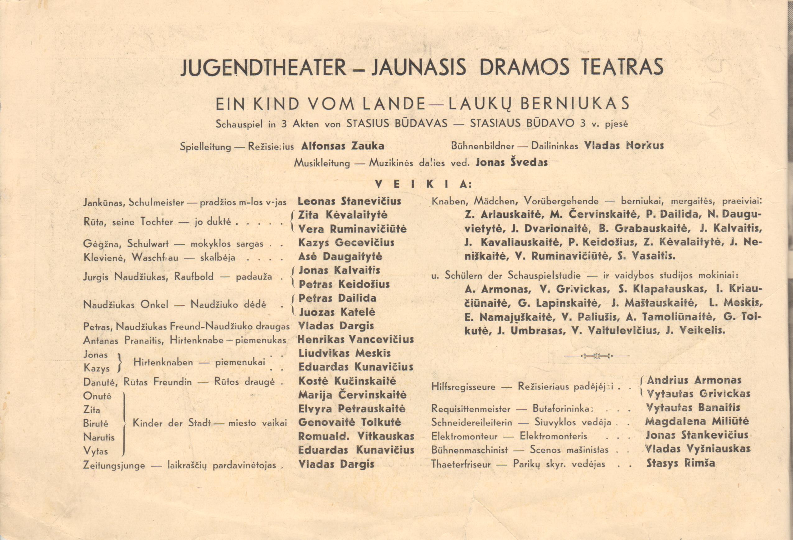 S. Būdavo pjesės „Laukų berniukas” programa. K. M. S. Jaunojo Dramos Teatro trečiasis 1943–44 metų sezono leidinys lietuvių ir vokiečių kalbomis. MLLM P6210