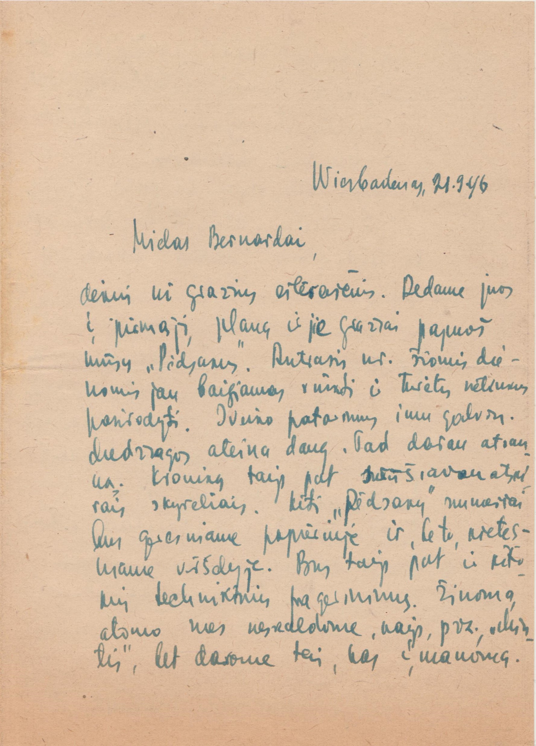 S. Būdavo ranka rašytas laiškas B. Brazdžioniui. Vysbadenas, 1946-09-21. BBR 5939