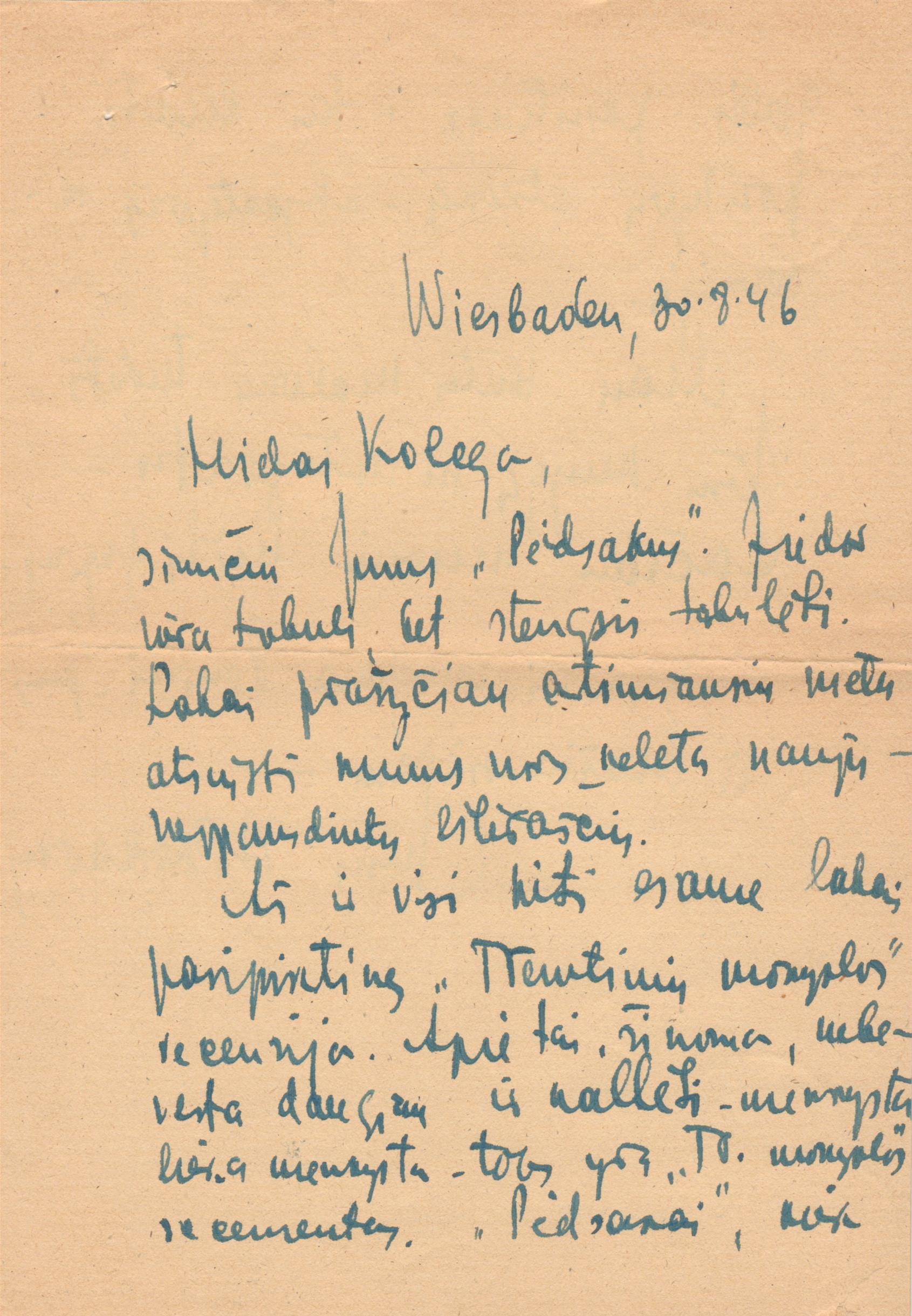 S. Būdavo ranka rašytas laiškas S. Santvarui. Vysbadenas, 1946-08-30. MLLM 46509