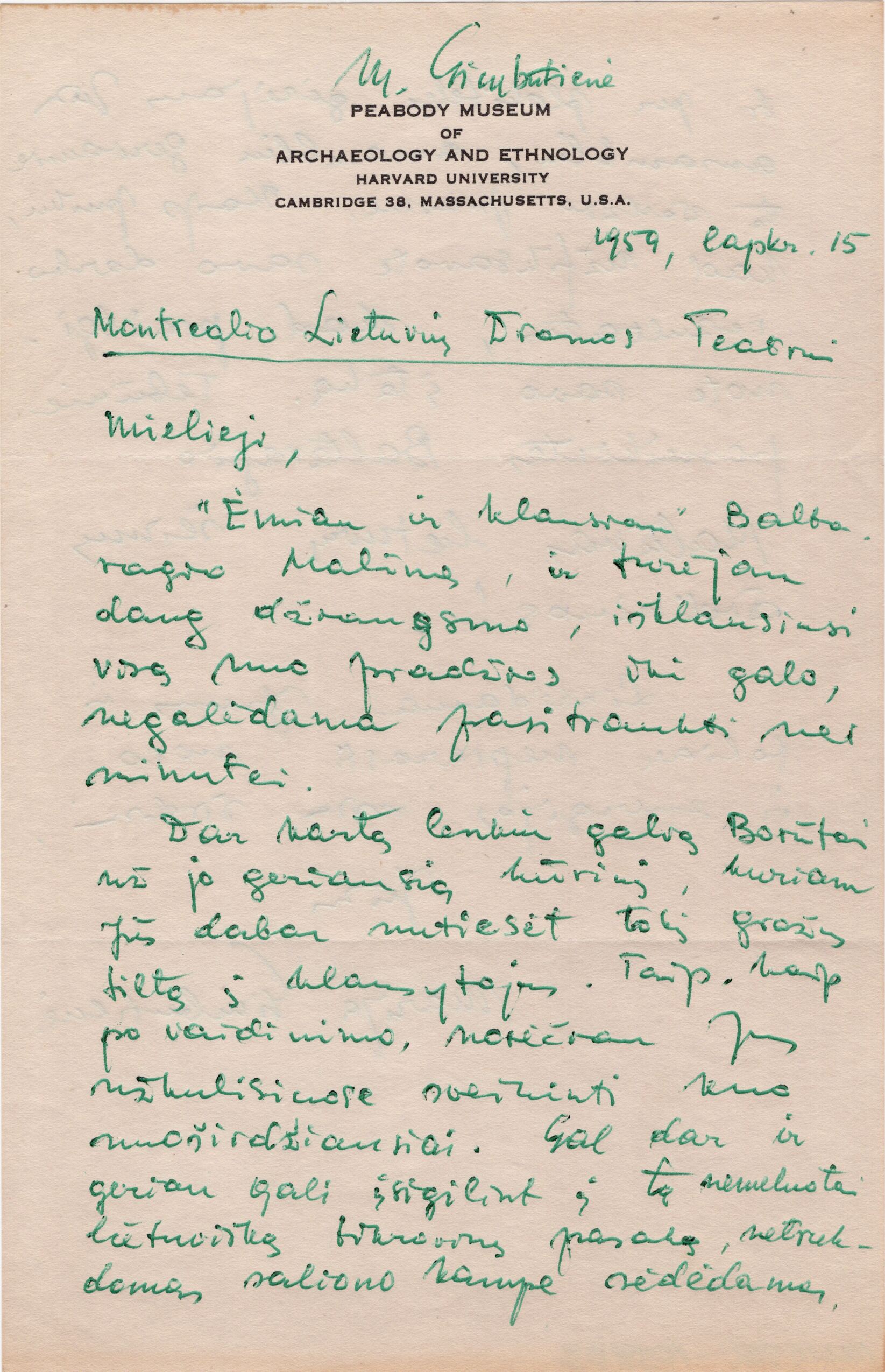 M. Gimbutienės laiškas Montrealio trupei. MLLM109933