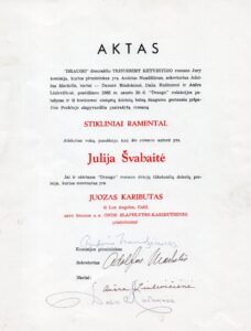 Draugo literatūrinės premijos paskyrimo aktas J. Švabaitei-Gylienei už romaną Stikliniai ramentai. JAV, 1985 m. MLLM 103780
