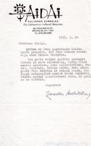 L. Andriekaus laiškas J. Švabaitei-Gylienei. Bruklinas, 1985-10-24. MLLM 98867