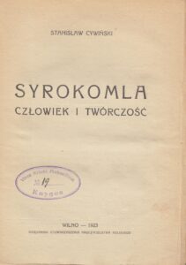 Stanislaw Cywinski. Sirokomlė: žmogus ir kūryba. Vilnius, 1923 m. Knyga lenkų k. Antyraštinis puslapis. MLLM 2161