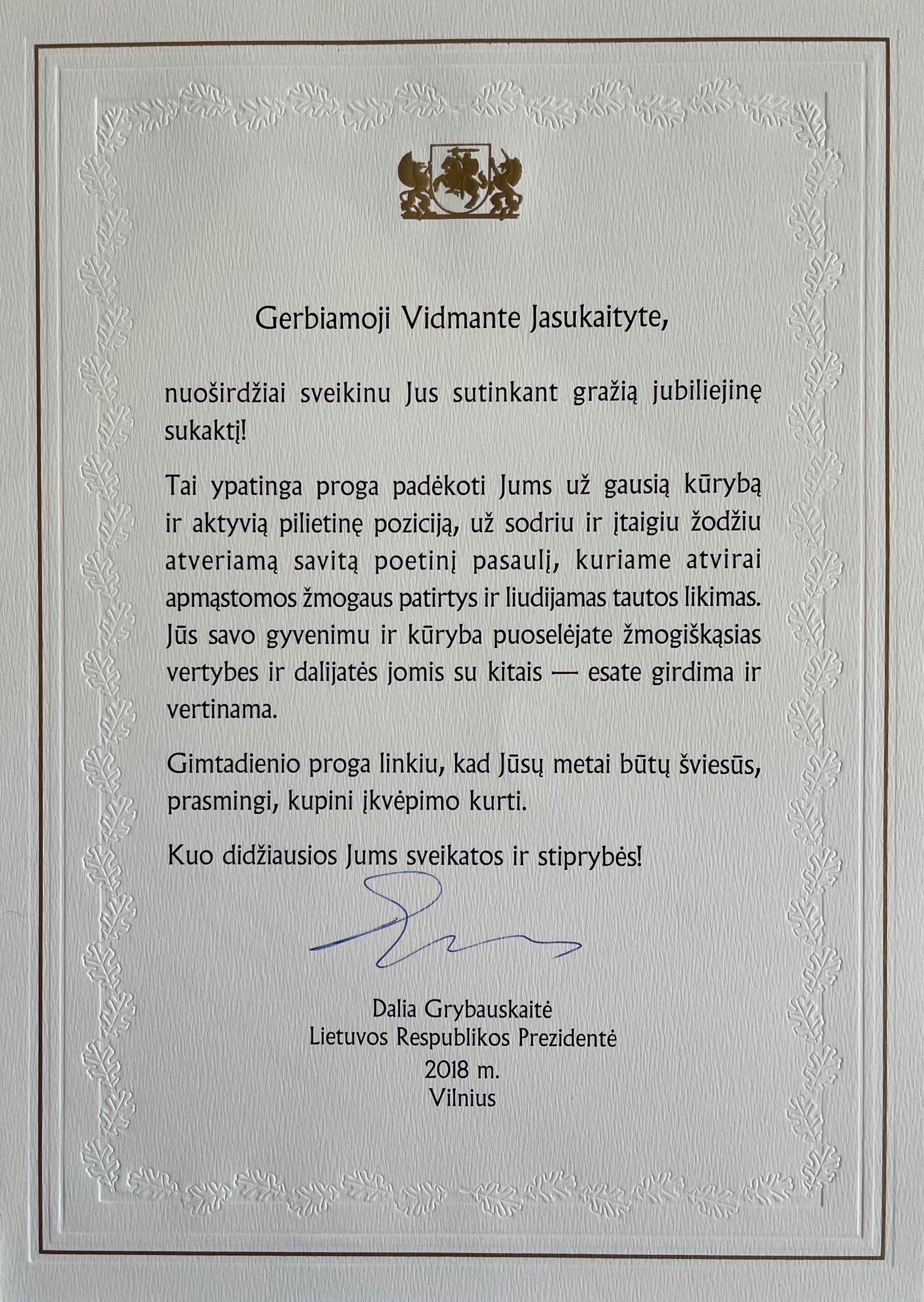 D. Grybauskaitės sveikinimas V. Jasukaitytei. Vilnius, 2018 m. MLLM GEK 137778