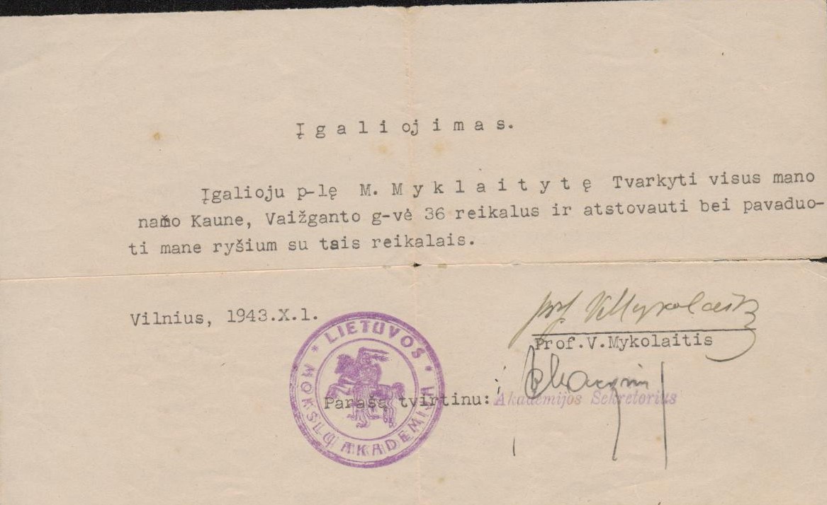 V. Mykolaičio-Putino įgaliojimas seseriai Magdalenai Mykolaitytei. Vilnius. 1943 m. MLLM 121034