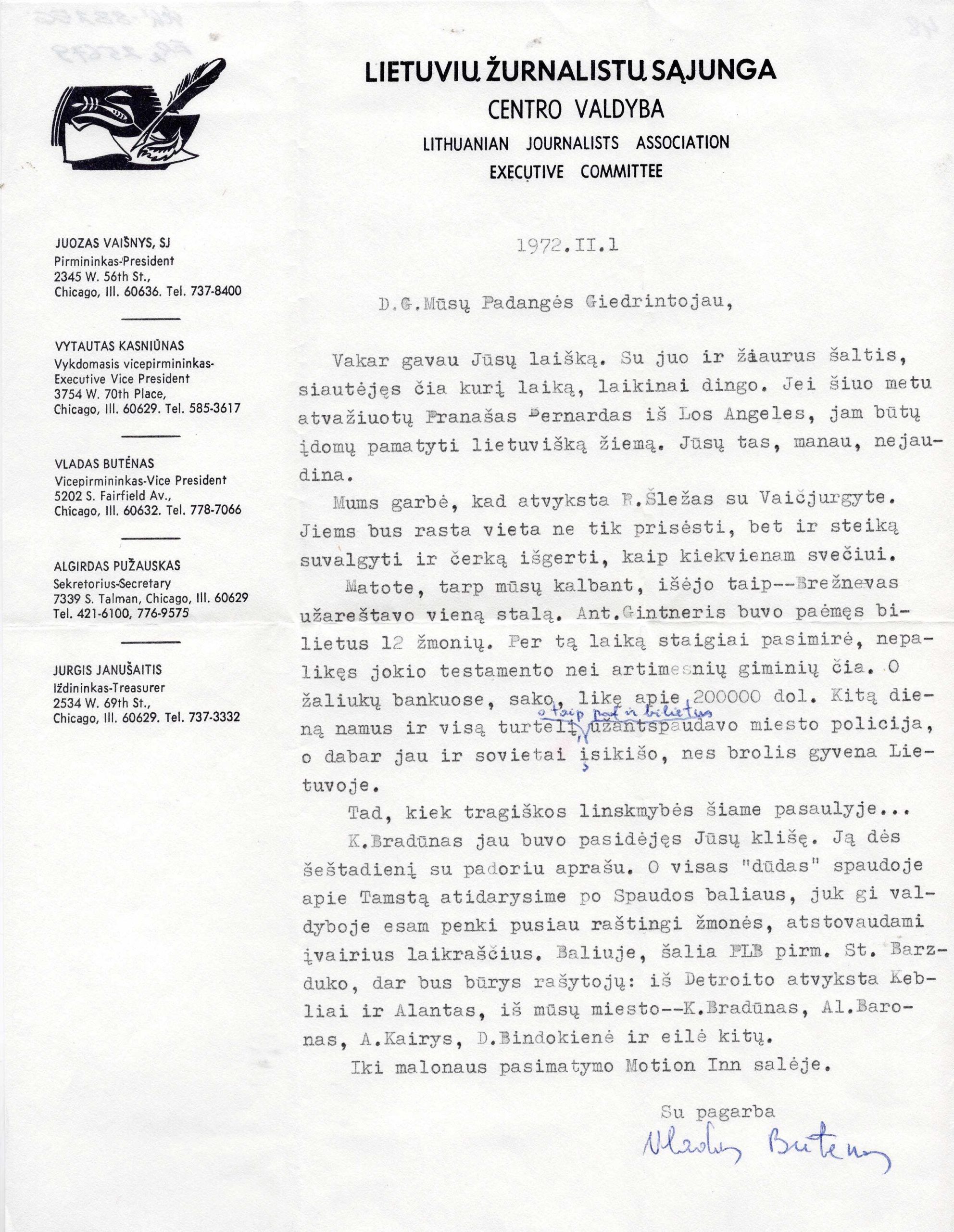 V. Būtėno laiškas A. Gustaičiui. Čikaga, 1972-02-01, MLLM 88256