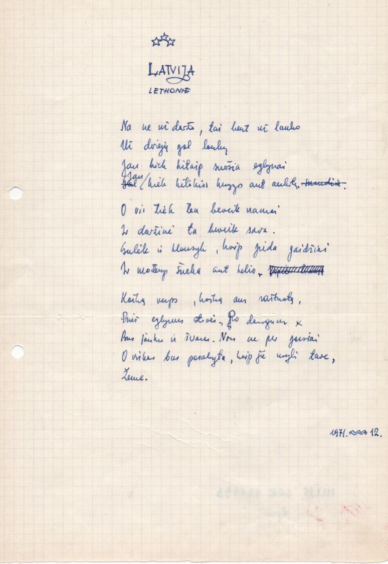 H. A. Čigriejaus eilėraščio „Latvija“ rankraštis. 1971 m. MLLM 131493